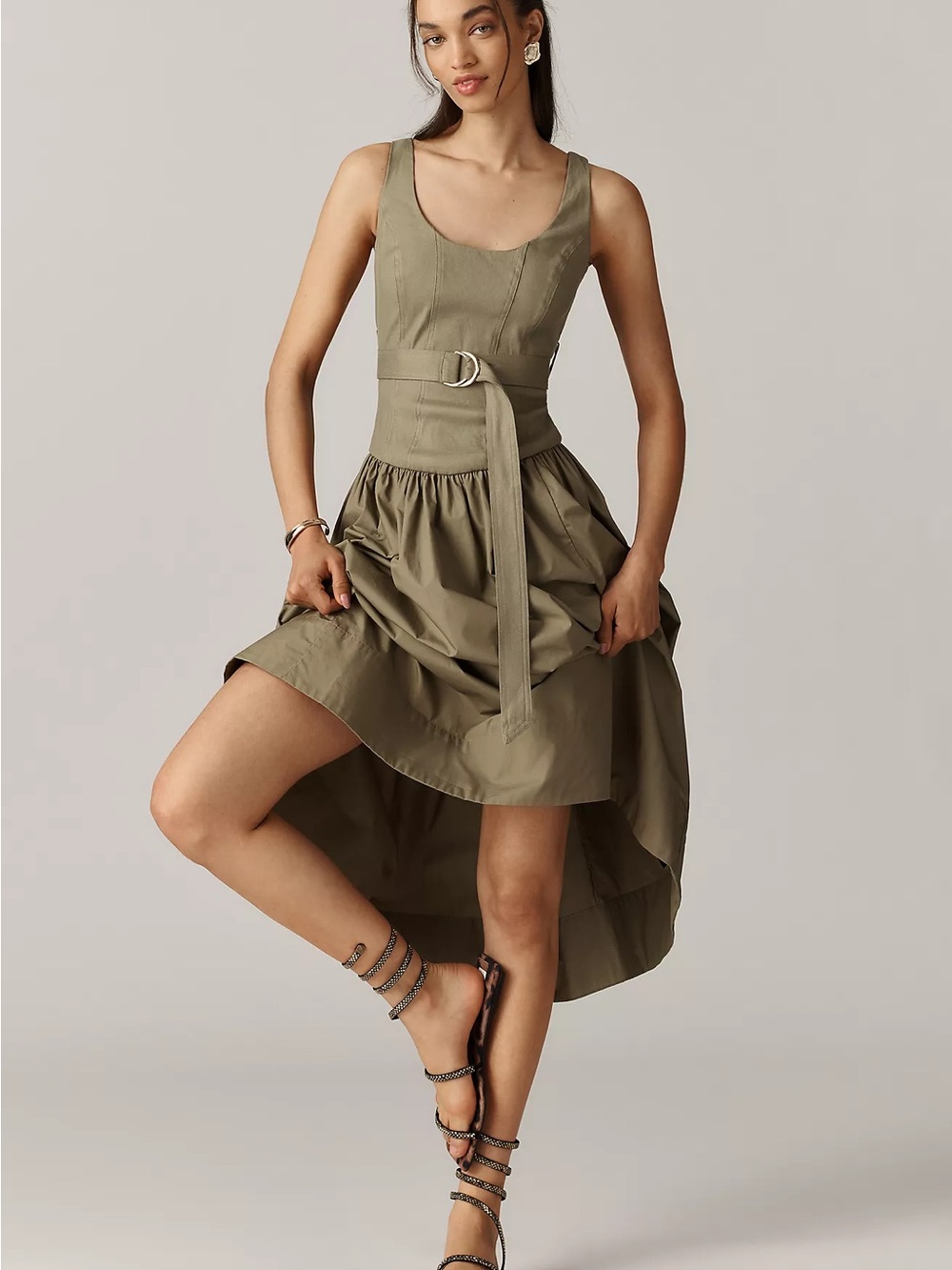 Anthropologie Sleeveless Belted Drop-Waist Midi Dress Utility Corset Olive Small